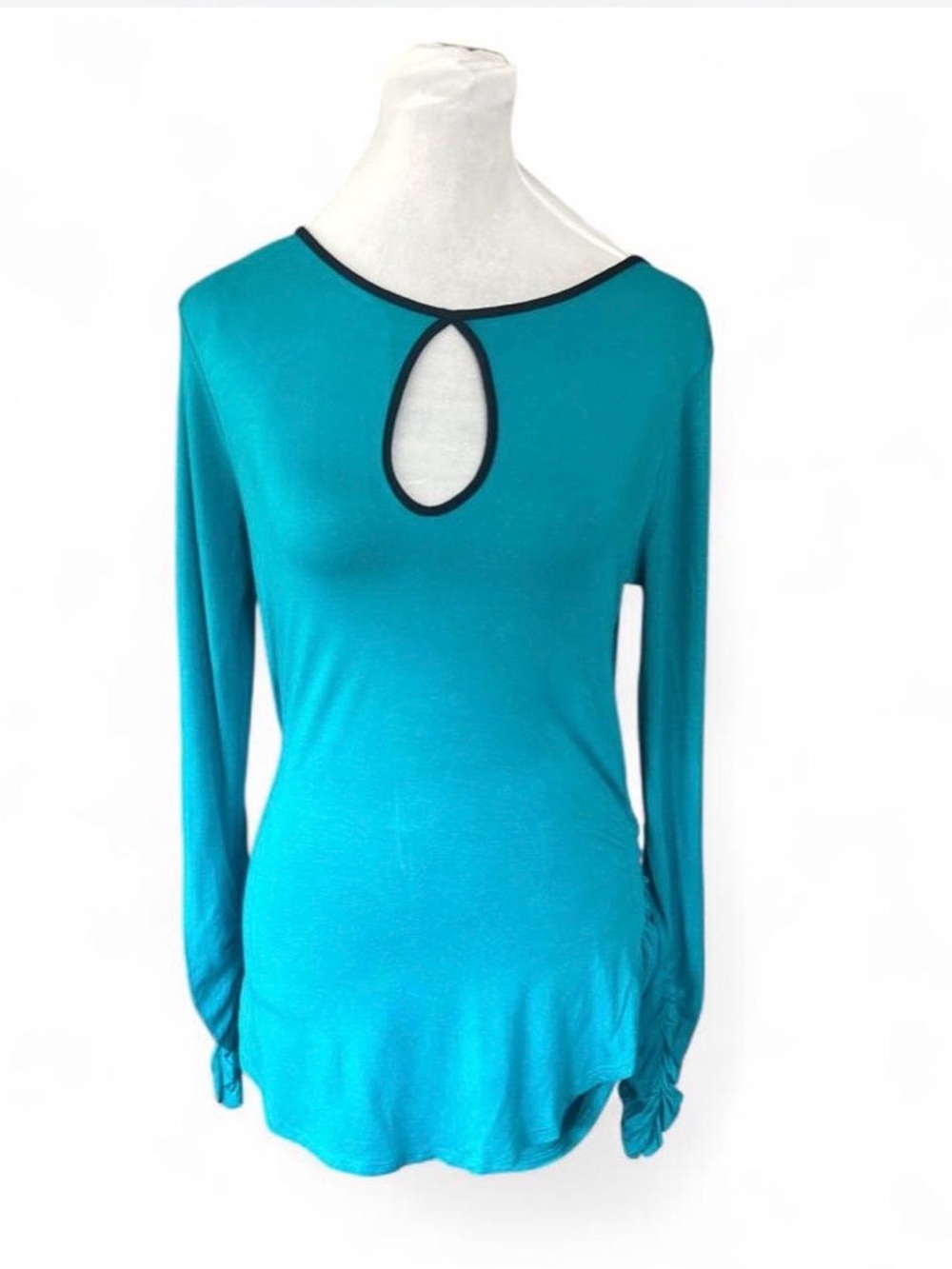 Bisou Bisou Teal Long-Sleeve Keyhole Top with Black Trim